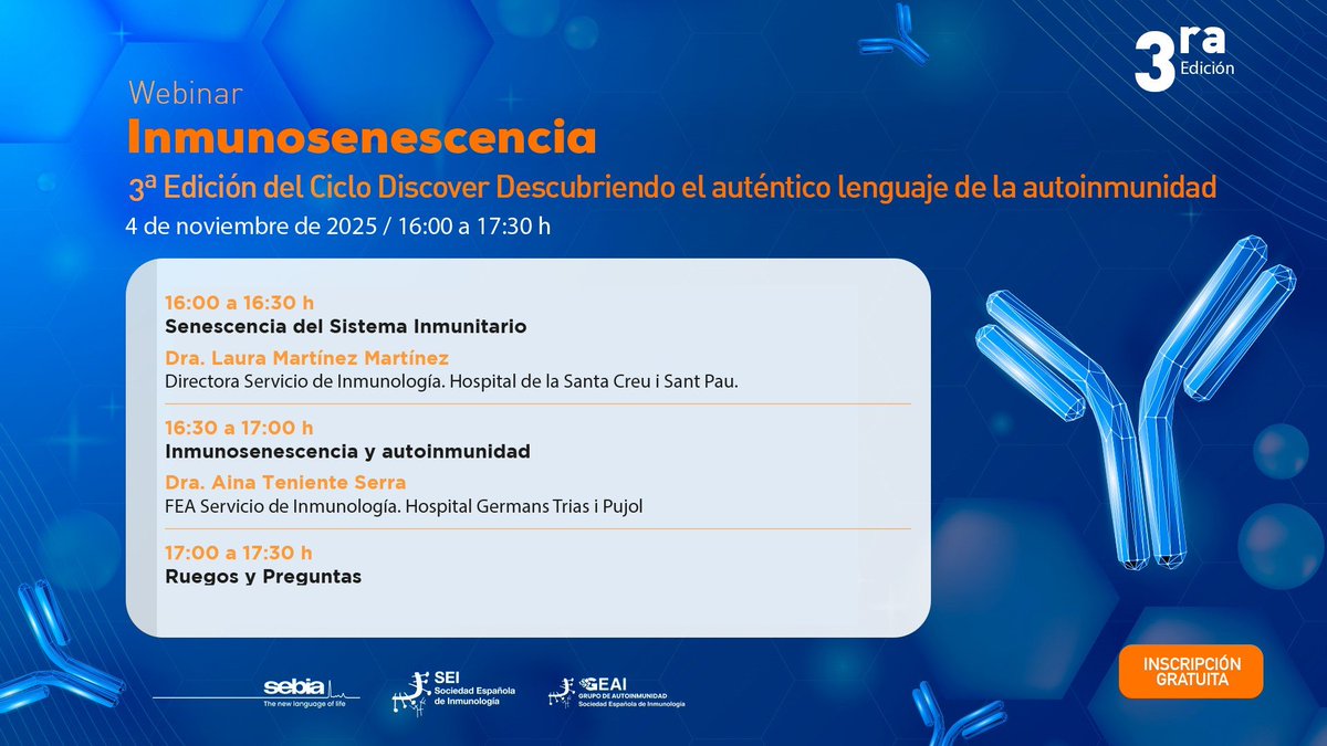 🧬INMUNOSENESCENCIA🧬
🚀El 4 de noviembre a las 16:00h tendrá lugar la 3ª parte del Ciclo Discover SEBIA-GEAI – Descubriendo el auténtico lenguaje de la autoinmunidad;  webinars organizados por el Grupo Español de Autoinmunidad de la SEI💪🏻
✍️🏻Inscríbete👉🏻intranet.pacifico-meetings.com/GescoWeb/?cfg=…