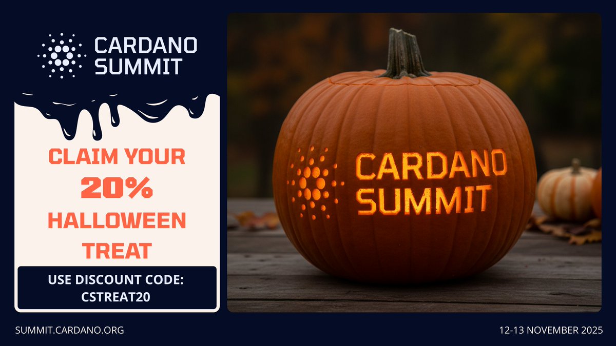 No Tricks. Just a Cardano Summit treat this Halloween. 🎃 Get 20% off your  Summit ticket until this Sunday, 2 November with code CSTREAT20. Two days  in Berlin exploring blockchain, AI, and
