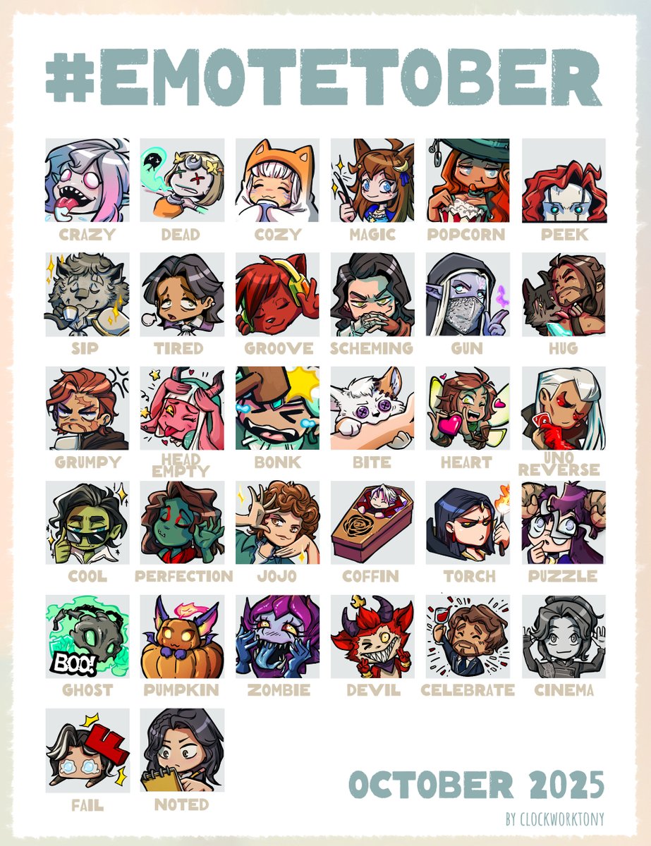 clockwork_tony's tweet image. #emotetober done, here&apos;s all 32 of them. 

#emotes #Chibi