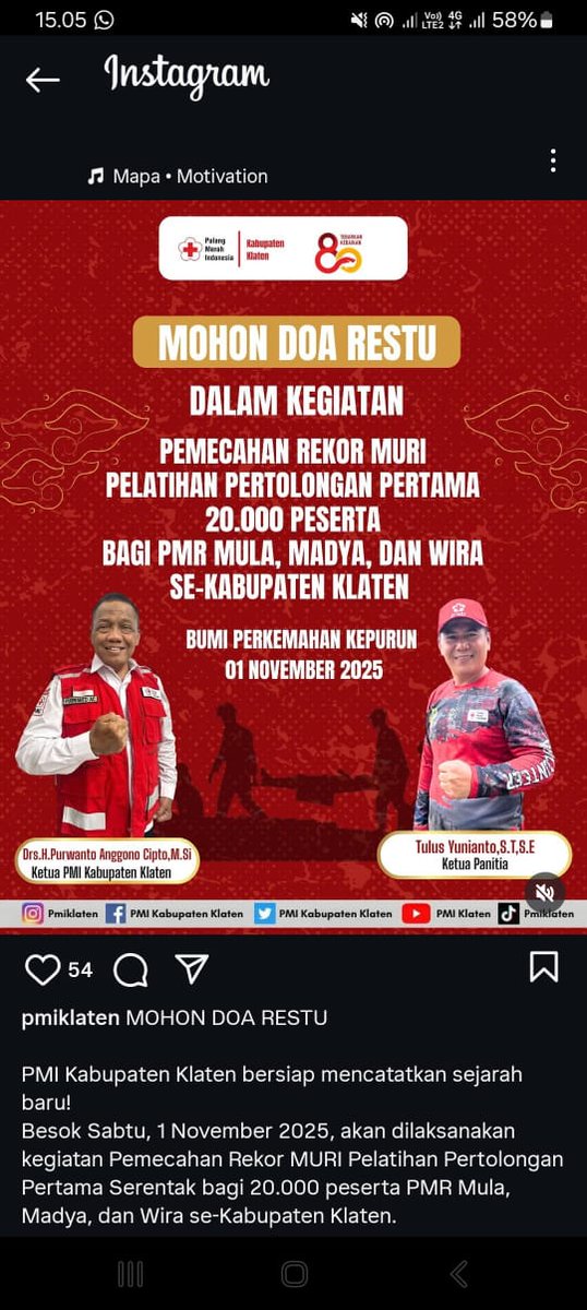MOHON DOA RESTU 
PMI Kabupaten Klaten bersiap mencatatkan sejarah baru!
Besok Sabtu, 1 November 2025, akan dilaksanakan kegiatan Pemecahan Rekor MURI Pelatihan Pertolongan Pertama Serentak bagi 20.000 peserta PMR Mula, Madya, dan Wira se-Kabupaten Klaten.