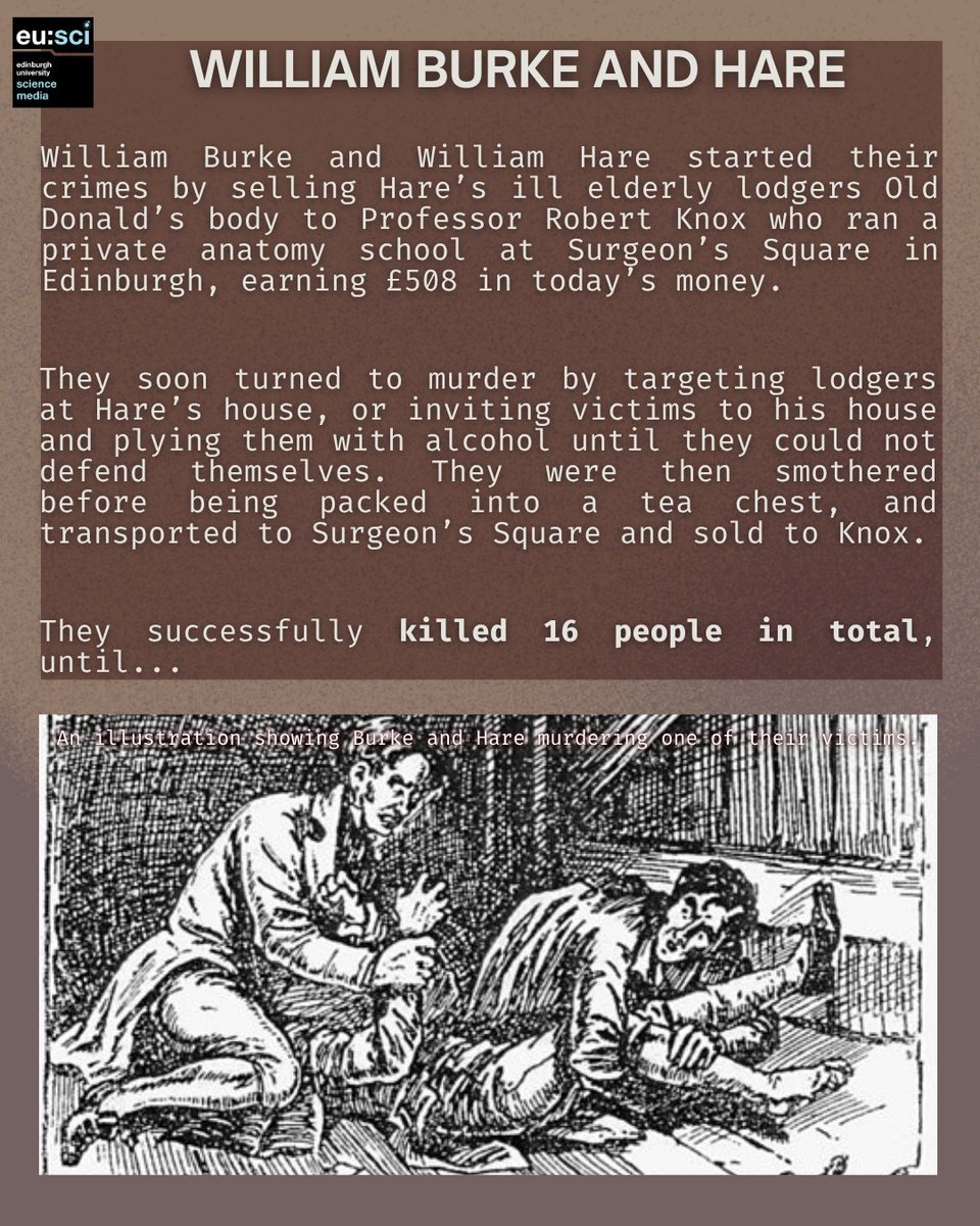 eusci's tweet image. The Murder case of Burke and Hare from 19th century Edinburgh led to the Anatomy Act of 1832 for greater legal access to corpses for teaching purposes. Until today, Burke’s skeleton is displayed at the Anatomical Museum at UoE.🍂Read more below! 
#ScienceComm #Halloween #EuSci