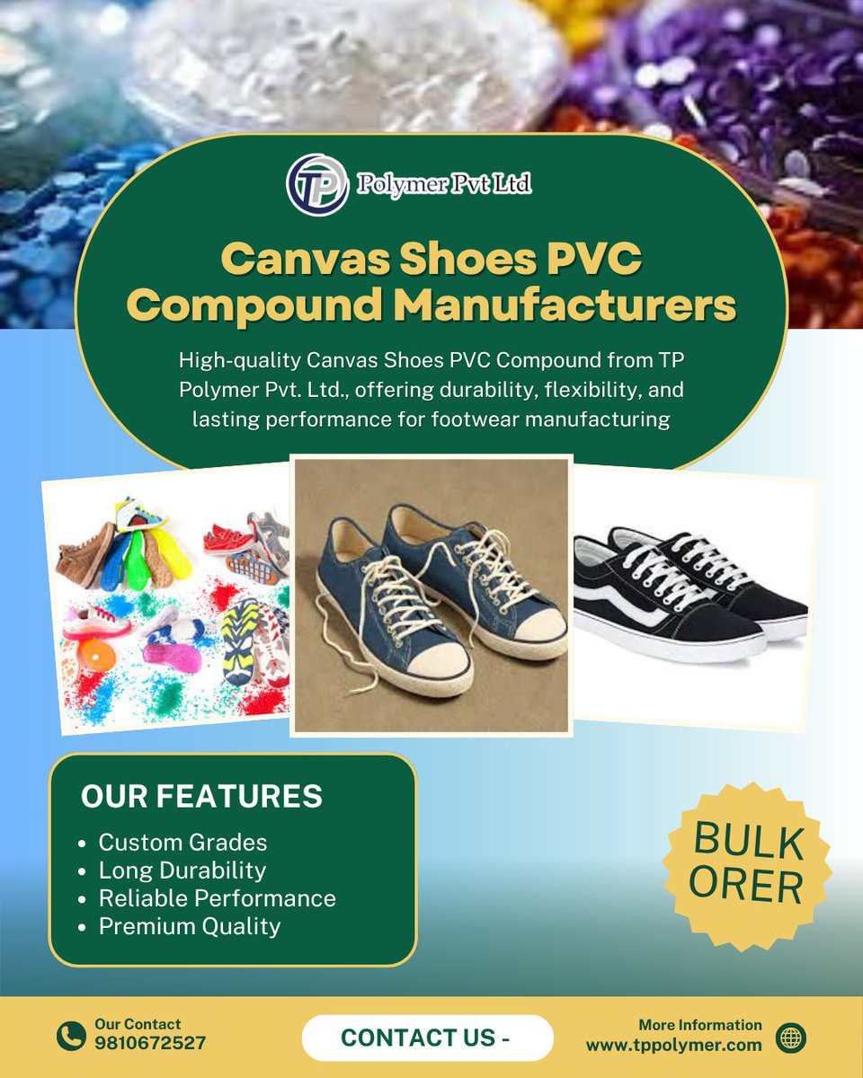 Tppolymerpvtltd's tweet image. Your Trusted Partner for Canvas Shoe PVC Compounds – TP Polymer Pvt. Ltd.  

Enhance your canvas shoe production with our high-grade PVC compounds – strong, flexible, and built to last.
🔗tppolymer.com/canvas-shoes-p…
  #TPPolymer #PVCCompound #CanvasShoes #PVCMaterial #ShoeIndustry