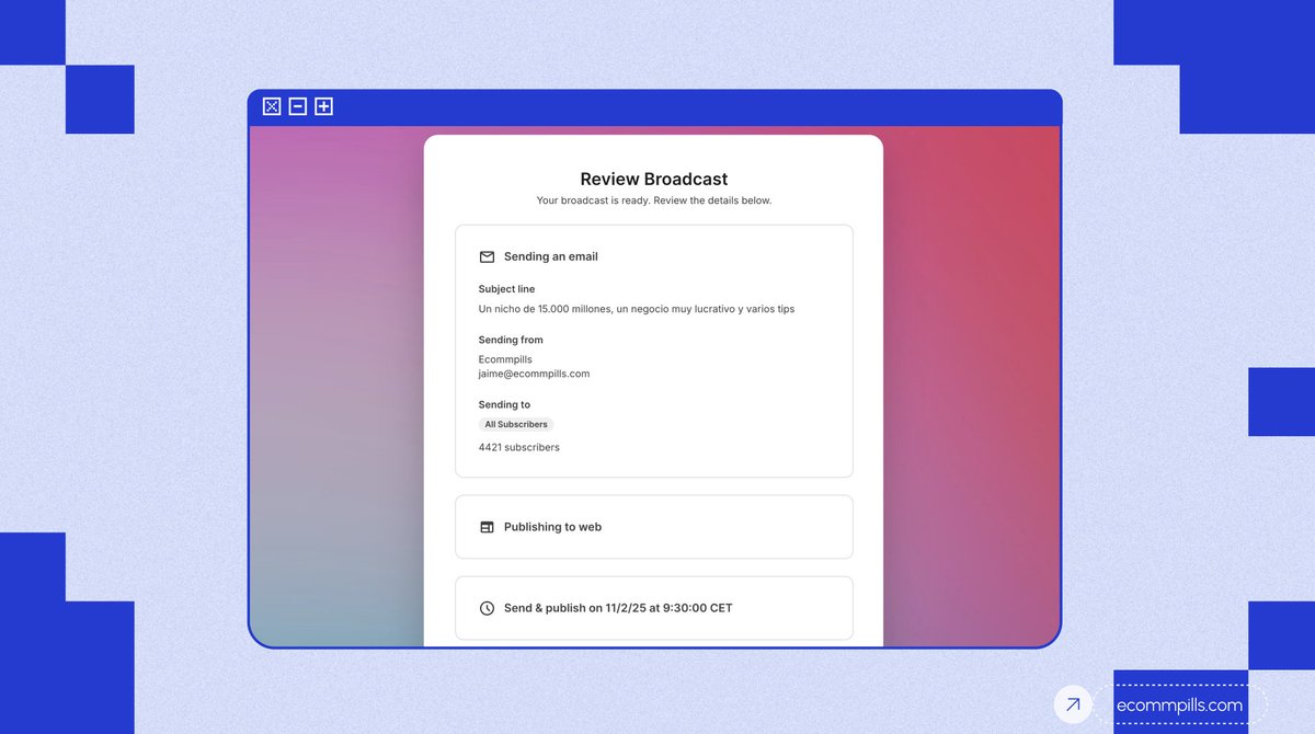 Ecommpills del domingo ya programada.

Repleta de contenido como siempre.

Si te interesa el e-commerce y los proyectos online te espero dentro.

Sigue siendo gratis después de más de 8 años.