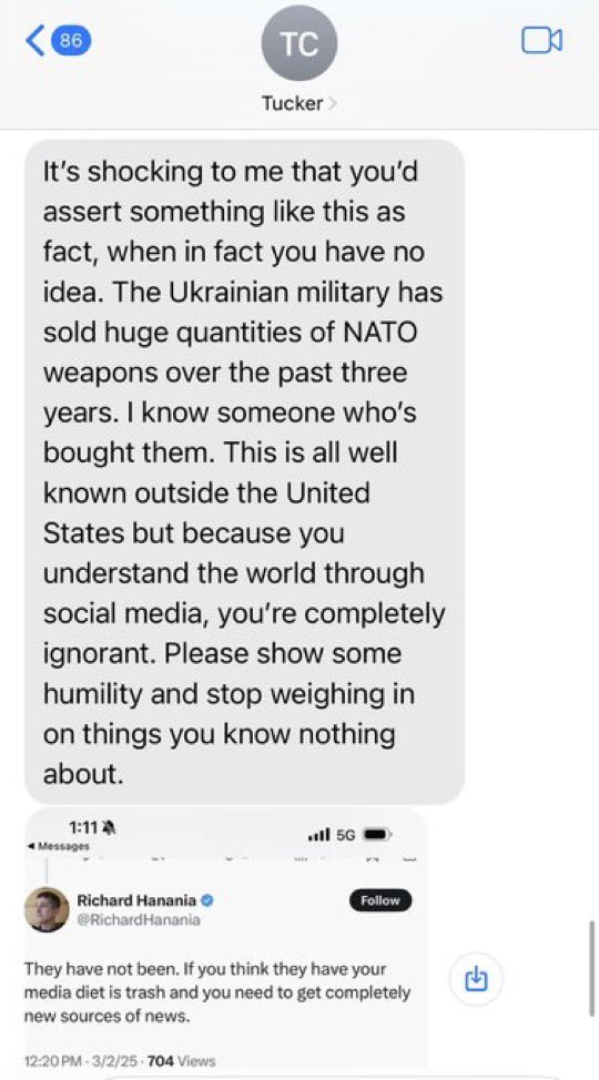 RichardHanania's tweet image. Reminder of the time Tucker texted me after I pointed out he was spreading Russian disinformation about about Ukrainian weapons being sold on the Internet.

I asked him for evidence for his views and you can see how it went.

This is the person Kevin Roberts thinks contributes to…