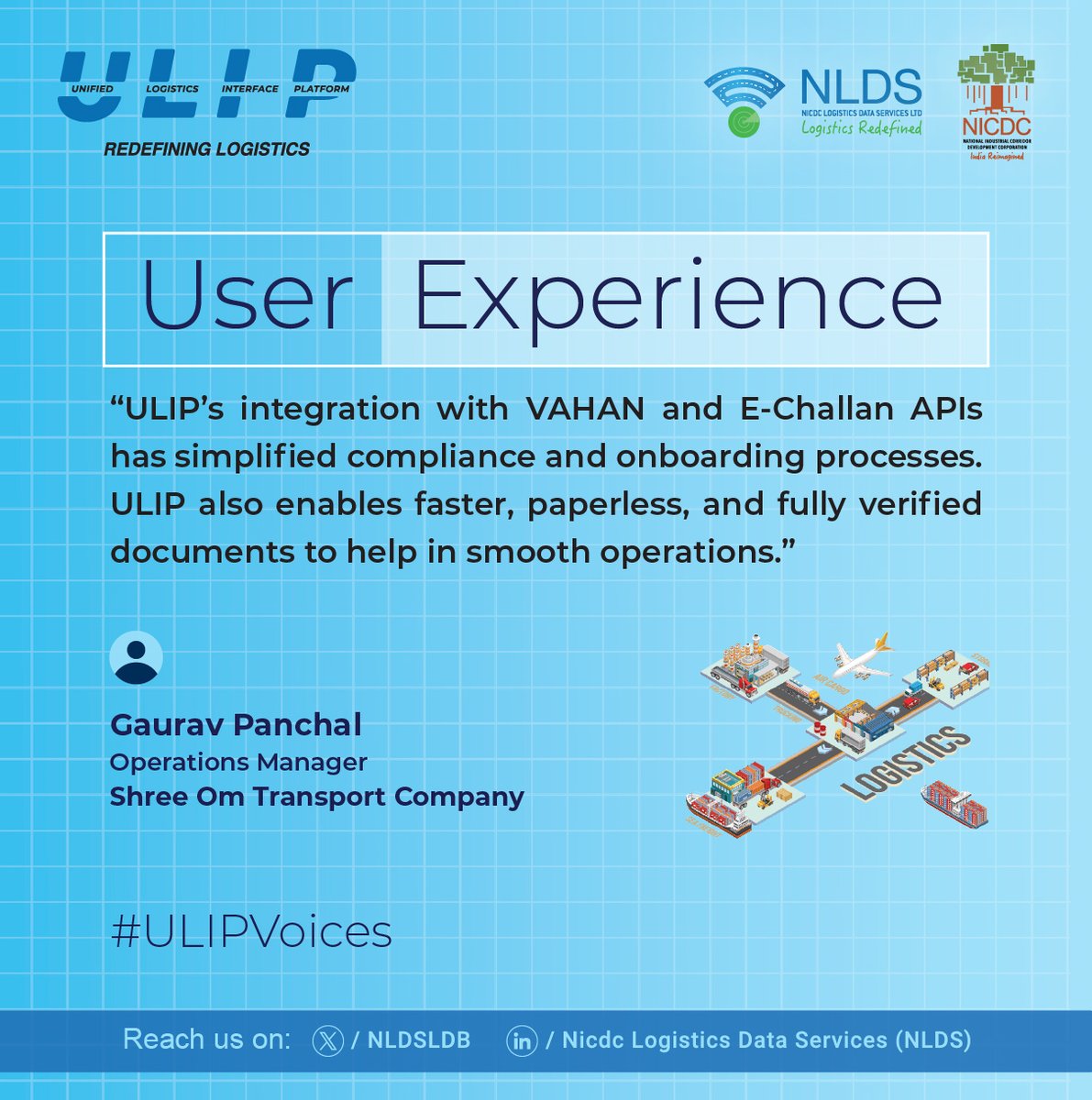 "Driving efficiency through digital integration.” Hear from Gaurav Panchal, Operations Manager at Shree Om Sai Transport Pvt Ltd, as he shares how ULIP’s integration with VAHAN and E-Challan APIs has streamlined and simplified onboarding for logistics businesses.
#ULIPVoices