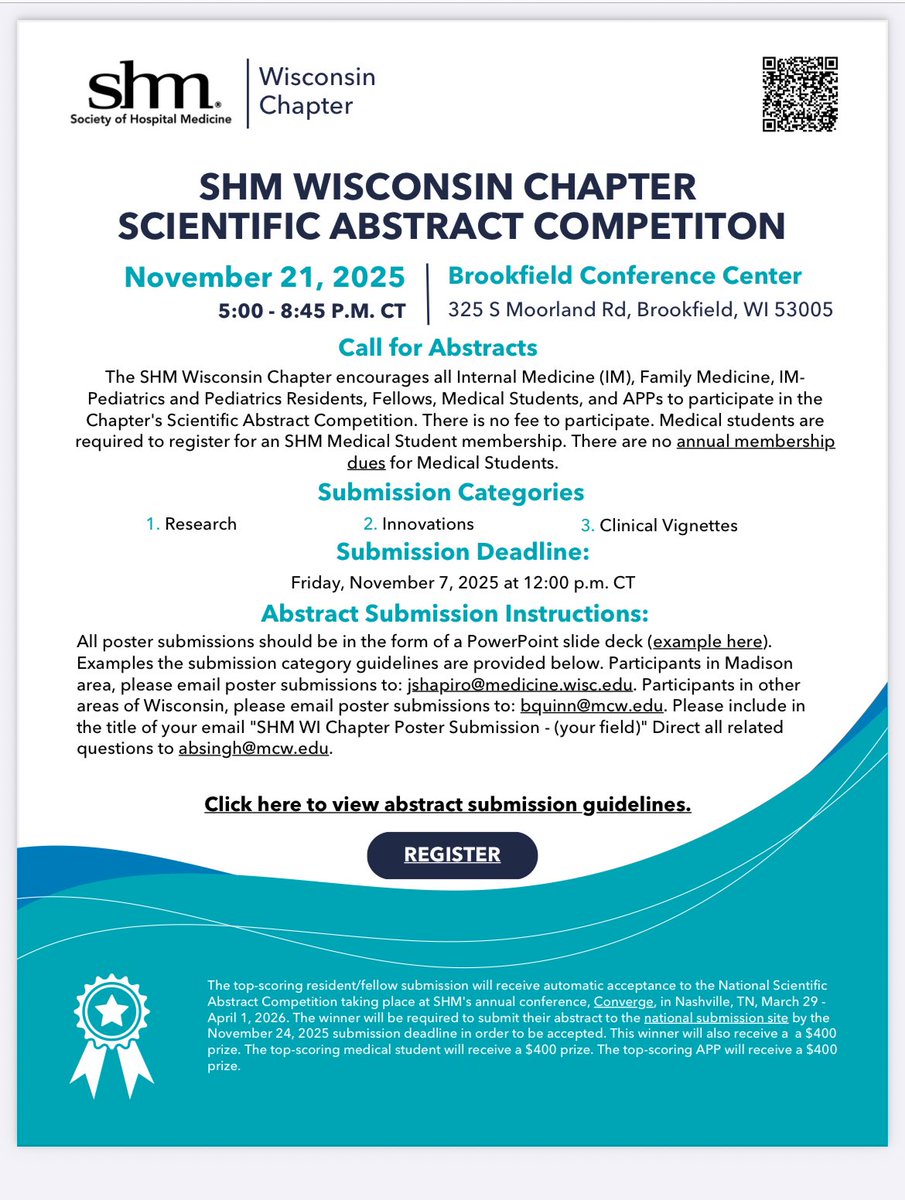 📢 Join us for the SHM Wisconsin Chapter Scientific Meeting!
🗓️ Friday, Nov 21 | ⏰ 5–8:45 PM
📍 Brookfield Conference Center
Now accepting abstracts and award nominations through Nov 7!
🎤 Keynote Speaker: Dr. Kurt Pfeifer
<a href="/SocietyHospMed/">Society of Hospital Medicine</a> <a href="/KurtPfeifer/">Kurt Pfeifer</a>