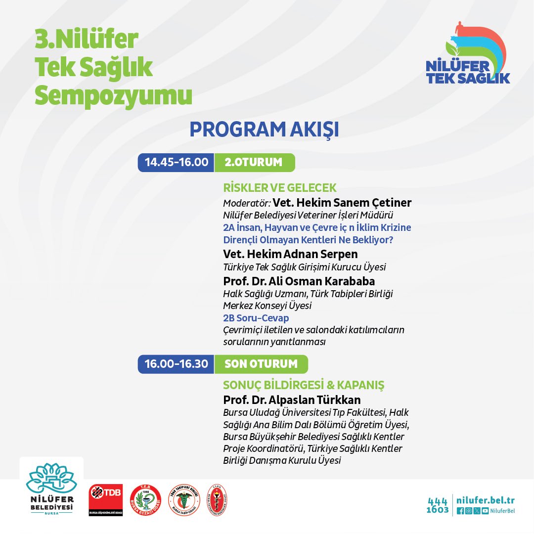 3 Kasım Dünya Tek Sağlık Günü’nde, insan, hayvan ve çevre sağlığını bir bütün olarak ele alacağımız 3. Nilüfer Tek Sağlık Sempozyumu’nda sizleri de aramızda görmekten mutluluk duyarız. 🌍
🗓️ 3 Kasım 2025
🕧 13.00 – 17.00
📍 Nazım Hikmet Kültürevi
🚍 Uludağ Üniversitesi