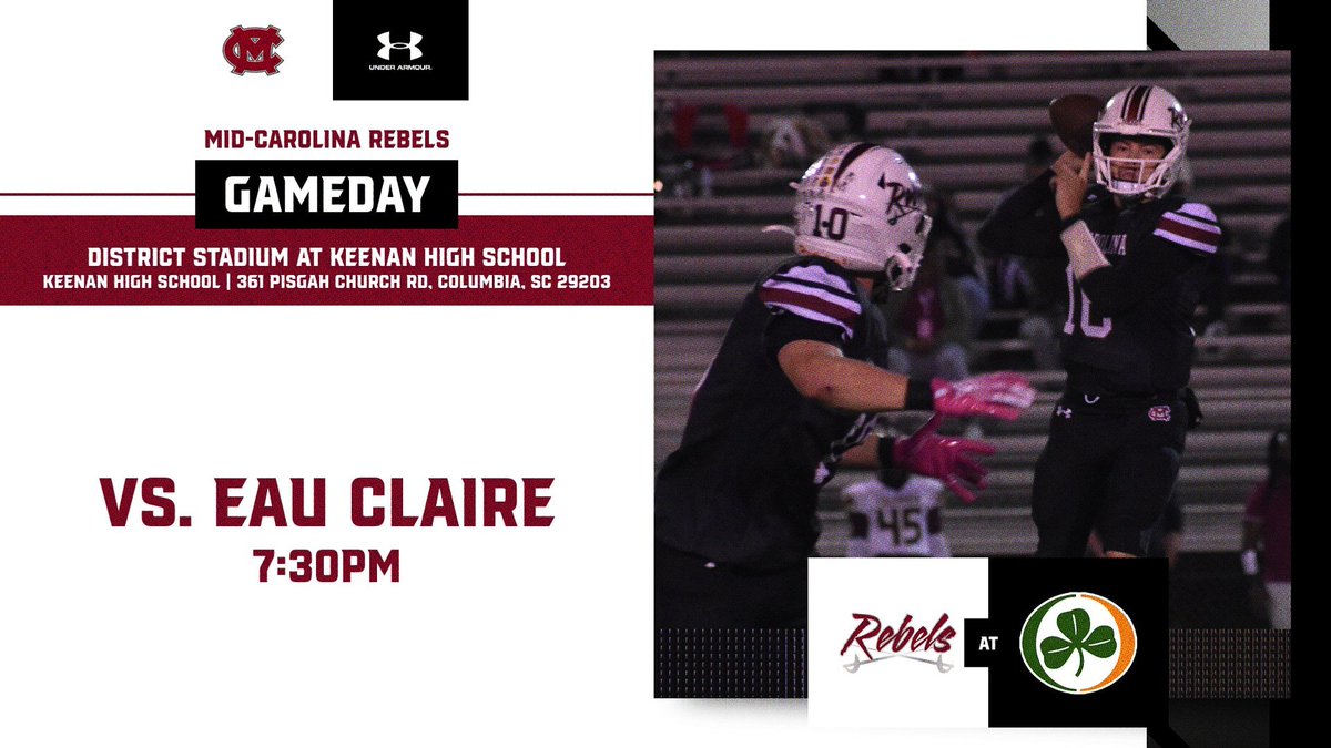 GAMEDAY 🔴⚫️
The Rebels travel to District Stadium at Keenan High School tonight to take on the Eau Claire Shamrocks. Kickoff is set for 7:30 PM.

A win tonight would clinch a home playoff game next week — let’s finish strong, Rebels! 💪🏈
