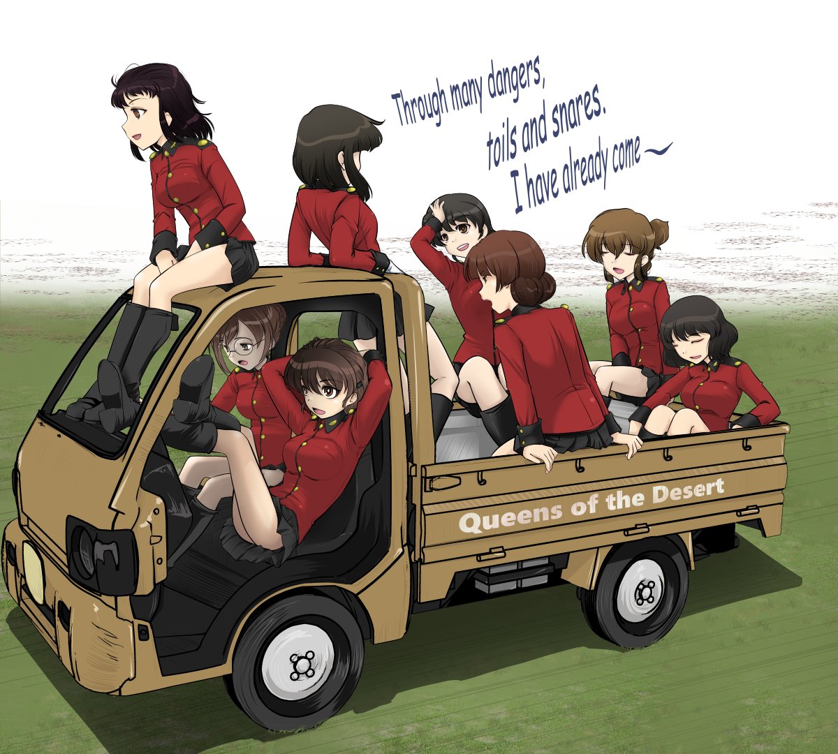 ミーティングルームから格納庫までの移動用軽トラ(捏造)でハロウィンの渋谷に出張ろうとするルクリリ車とニルギリ車のクルー(＊要出典)。…という絵を書いてたら今夜渋谷は大雨ですって…。