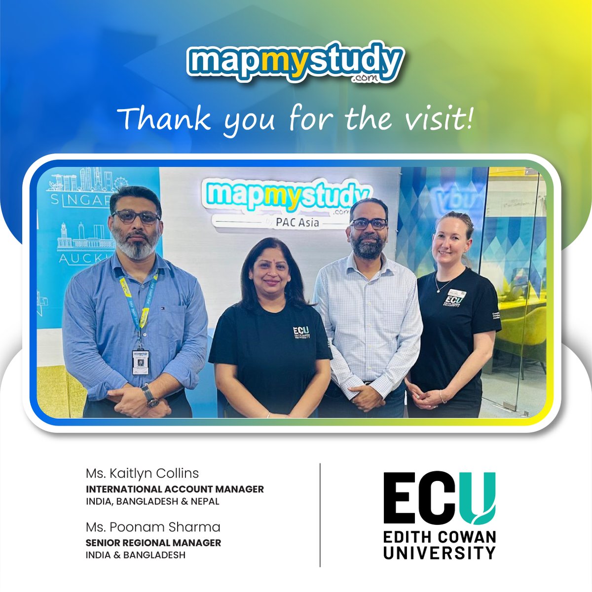 mapmystudy50044's tweet image. We were delighted to host Ms. Kaitlyn Collins and Ms. Poonam Sharma from Edith Cowan University (ECU) at our MapMyStudy Vasant Kunj office.

Start your journey today.
DM us now or call +91-88004-07108 for details.

#MapMyStudy #ECU #EdithCowanUniversity #StudyAbroad #Australia
