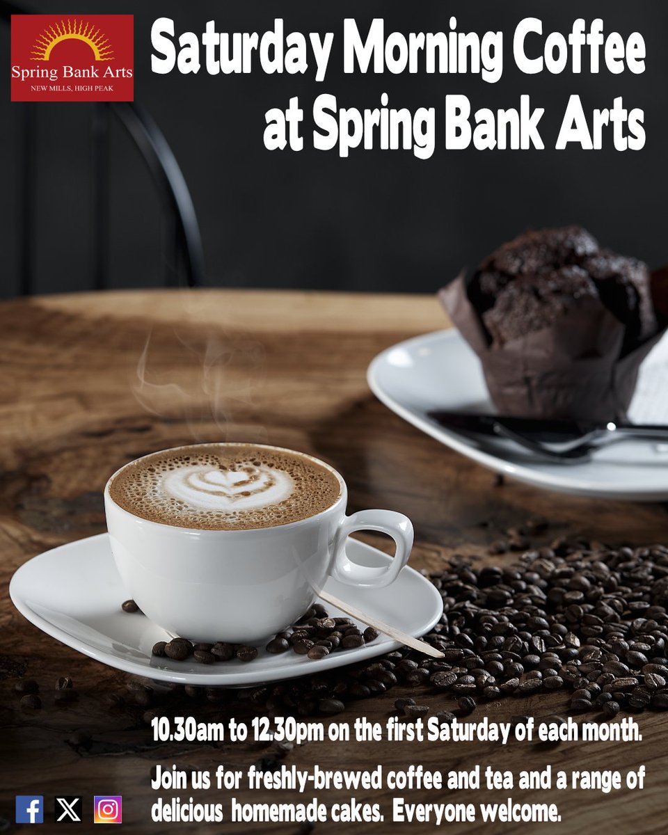 Saturday 10:30-12:30 we have our warm and welcoming monthly coffee morning with fresh Kinder coffee, a selection of teas &amp; delicious homemade cakes. Free entry, all welcome.
#springbankarts #newmills #highpeak #derbyshire #visitnewmills #events  #coffeemorning #community