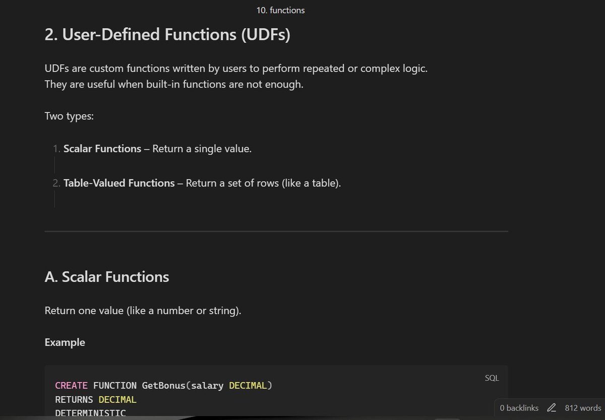 regressionrizz's tweet image. SQL (Structured Query Language):       
⤷ functions and it's type -
1. built-in functions
⤷ string functions, date and time functions
⤷ mathematical functions
2. user-defined functions
⤷ scalar functions
⤷ table valued functions