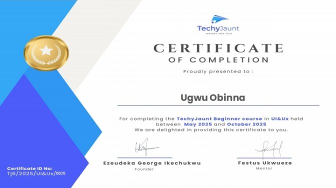 ObinnaUgwuUIUX's tweet image. Another W for me 🤭
Just wrapped up an incredible learning experience!
 
I'm excited to share my Certificate of Completion for the @TechyJaunt Beginner course in UI&UX.
