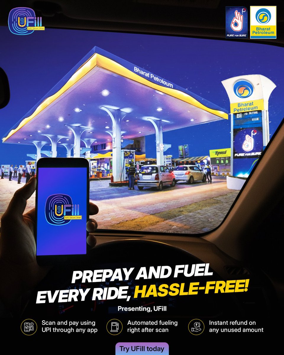 Fuel in a flash! With UFill, you get:​

🔹 UPI payment from any app​
🔹 Automated fueling right after scan​
🔹 Instant refund on any unused amount​

Experience speed, control, and convenience, all in one scan. Try UFill today!​
​
#UFill #BPCL #SmartFueling #FuelYourWay