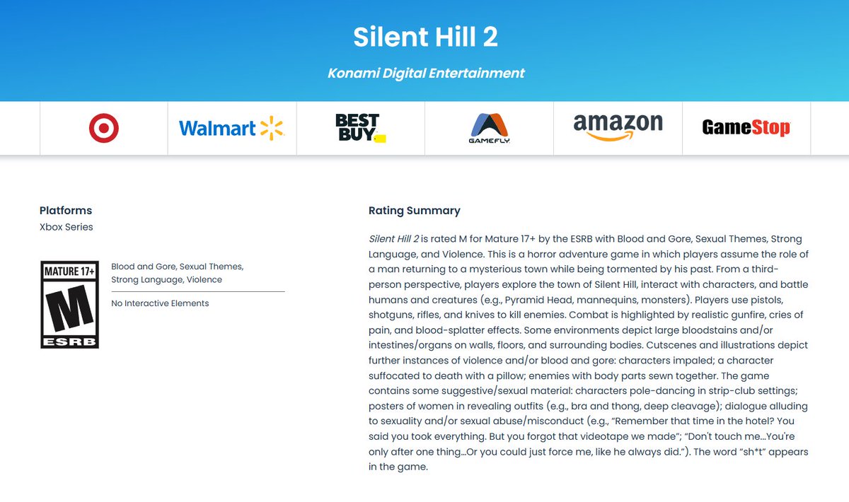 Silent Hill 2 is ESRB rated for Xbox Series