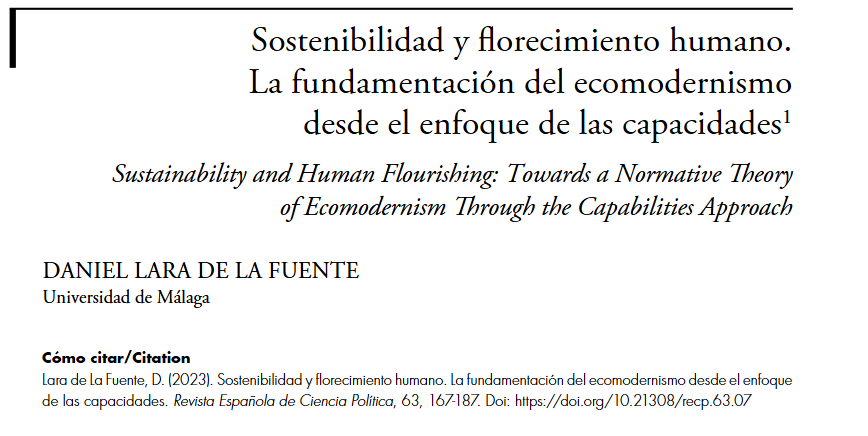 Sostenibilidad y florecimiento humano. La fundamentación del ecomodernismo desde el enfoque de las capacidades, hoy recordamos este artículo de Daniel Lara de la Fuente publicado en el número 63 de la RECP.

➡️ shorturl.at/SylP3
