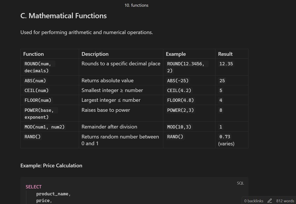 regressionrizz's tweet image. SQL (Structured Query Language):       
⤷ functions and it's type -
1. built-in functions
⤷ string functions, date and time functions
⤷ mathematical functions
2. user-defined functions
⤷ scalar functions
⤷ table valued functions