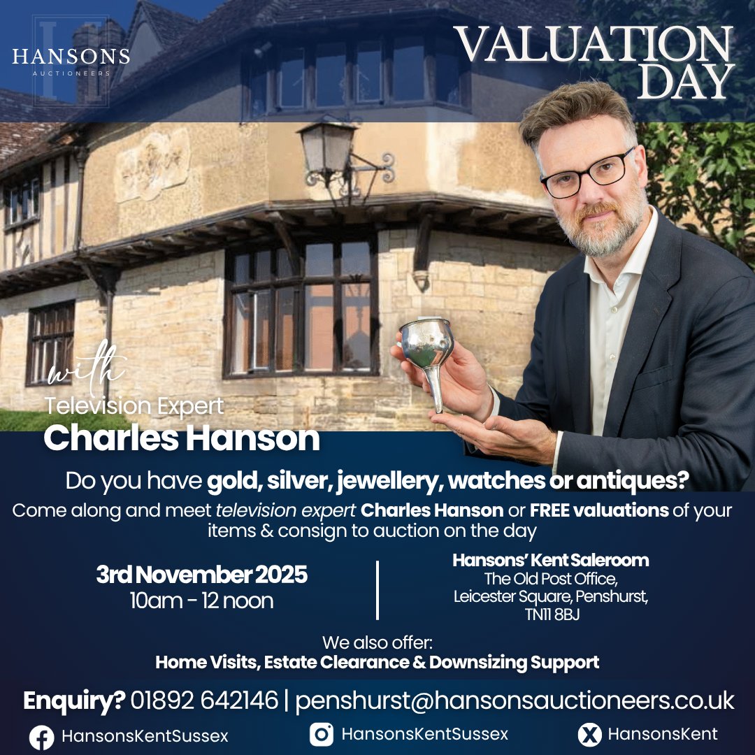 📣 Meet TV antiques expert Charles Hanson!
Join us Mon 3 Nov, 10am–12noon at Hansons’ Kent Saleroom for FREE valuations on gold, silver, jewellery, fine art &amp; antiques. Bring your treasures, get expert advice &amp; consign for auction! 💎
<a href="/HansonsAuctions/">Charles Hanson</a> #CharlesHanson #KentEvents