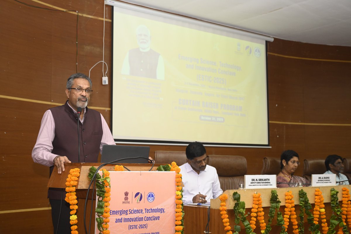 PIBAYUSH's tweet photo. @moayush holds Curtain Raiser PC for #estic2025 to be held from 3rd to 5th November 2025 at Bharat Mandapam, New Delhi

#estic 2025 Reflects the Convergence of India’s Traditional Health Wisdom and Modern Technologies

PR: https://t.co/EV4WAzPiHn https://t.co/1Dr0yETEAL