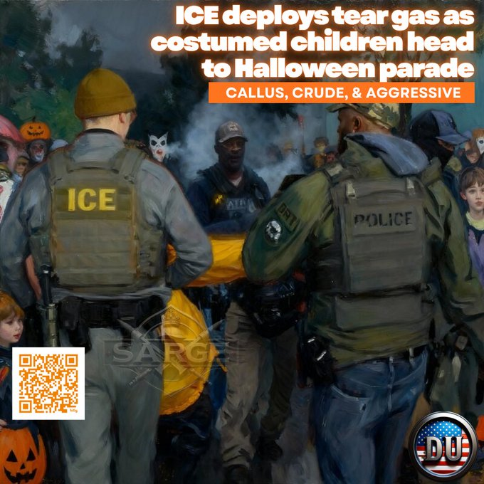 Feisty is proud to be a Democrat! (@feistyliblady) on Twitter photo Last weekend ICE agents and U.S. Border Patrol deployed tear gas and used aggressive behavior during an immigration incident near a children's Halloween parade. 
Of course, no warning was given to the parents and the children while the agents deployed tear gas, tackled and Last weekend ICE agents and U.S. Border Patrol deployed tear gas and used aggressive behavior during an immigration incident near a children's Halloween parade. 
Of course, no warning was given to the parents and the children while the agents deployed tear gas, tackled and