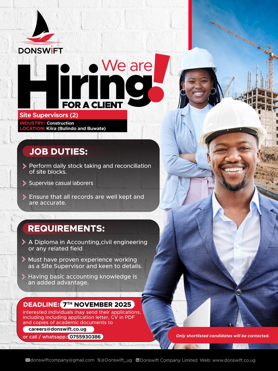 Donswift_ug's tweet image. Are you a pro at keeping things in order on site? 

Apply Now through the link below
apply.donswift.co.ug

Deadline 7th Nov,2025

#JobAlert #ConstructionJobs