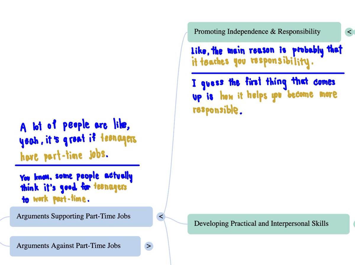 [ต่อจากที่แนะนำการฝึก Speaking ก่อนหน้านี้ ที่บอกไว้ว่าเราฝึกประมาณ ๆ นี้แหละ ตอนที่เตรียมสอบ Cambridge Advanced ที่ Melbourne ตอน 2017]
━━━━━━━━━━
อย่าง 2 รูปนี้คือ mind map ที่เราทำด้วย Notebook LM แบ่งเป็น:
1. ฝั่งที่คิดว่า teenagers ควรทำ part-time jobs
2.