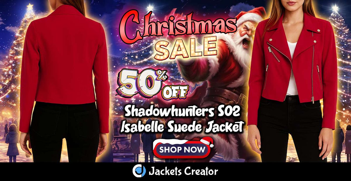 jacketscreator's tweet image. Christmas 🎄 50% OFF!
Rock the Isabelle Lightwood Red Suede Jacket from Shadowhunters now!
👉 jacketscreator.com/product/shadow…
#ChristmasSale #Shadowhunters #IsabelleLightwood #RedSuedeJacket #JacketDeal #JacketsCreator
