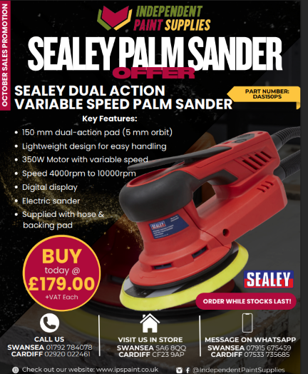 ips_paint's tweet image. 🛠️ Smooth savings this October!
 Get the Sealey Dual Action Variable Speed Palm Sander for just £179.00 + VAT.

Available while stocks last – don’t miss out! bit.ly/3dP59GZ 

#Sealey #ToolDeals #DIY