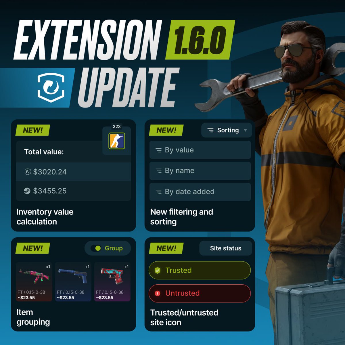 MarketCSGO_DEV's tweet image. Market.CSGO Extension New Release - 1.6.0

Steam Inventory Page
— Added total inventory value calculation on the Market.CSGO platform
— Completely redesigned item list display
— Integrated a custom filtering system replacing Steam’s default filters
—… t2p.pw/DTXxlXSAb7