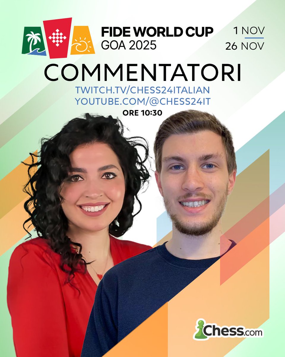 chesscomit's tweet photo. Lorenzo Lodici rappresenterà l'Italia nell'evento più importante dell'anno! 🔥
La FIDE World Cup fa parte del ciclo del Campionato del Mondo e mette in palio 3 posti per il Torneo dei Candidati, che designerà lo sfidante di Gukesh 👑
Seguici in diretta sui canali di chess24it 💪 https://t.co/TgEFfHv19v
