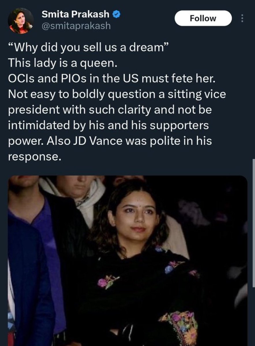 Smita Prakash is so happy that an Indian woman got the courage to Question the Vice President of America.

Same Smita Prakash has asked 0 tough questions to BJP or Modi in the last 11 years and has helped brand people who question them as Anti Nationals.

This has to be the most