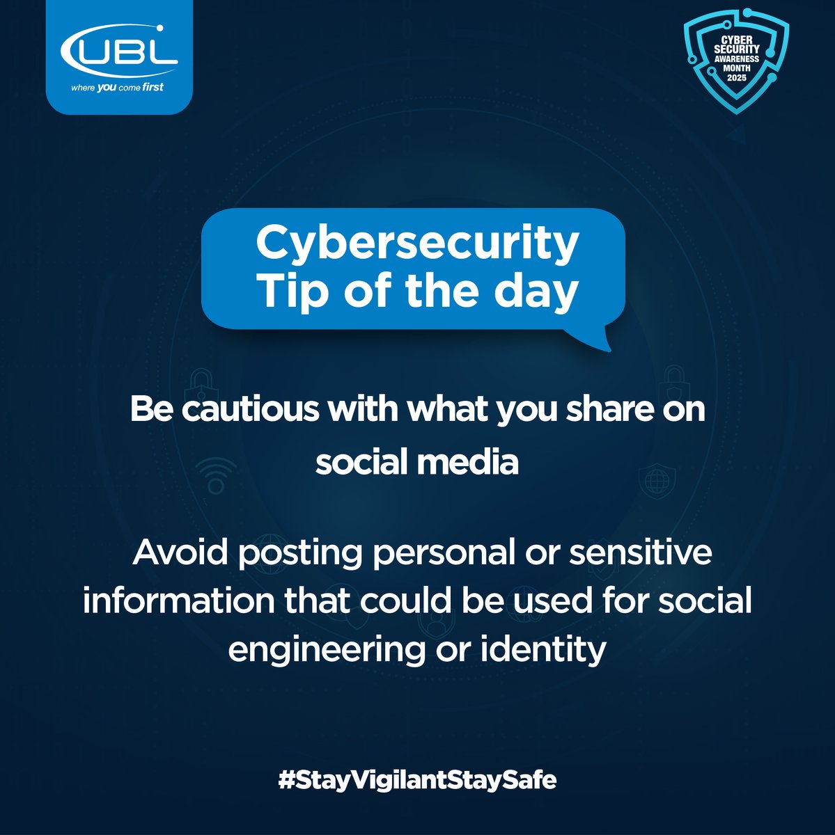 UBLDigital's tweet image. Your privacy matters! Be cautious with what you share on social media. Keep personal and sensitive details private to prevent social engineering and identity theft.

#StayVigilantStaySafe #CybersecurityTip #UBL #CyberSecurityAwareness #BestDigitalBank #BestInDigitalInnovation