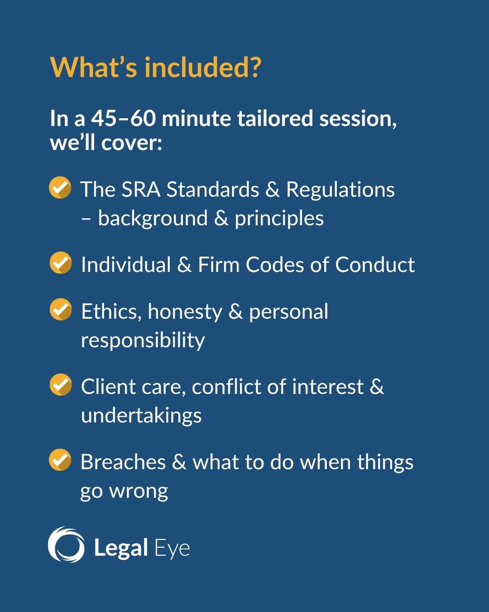 Codes of Conduct Training – live, interactive &amp; tailored to your firm

Give your team the confidence to meet SRA obligations...

✅ Ethics &amp; responsibilities
✅ Conflicts, undertakings &amp; client care
✅ What to do when things go wrong

📩 bestpractice@legal-eye.co.uk