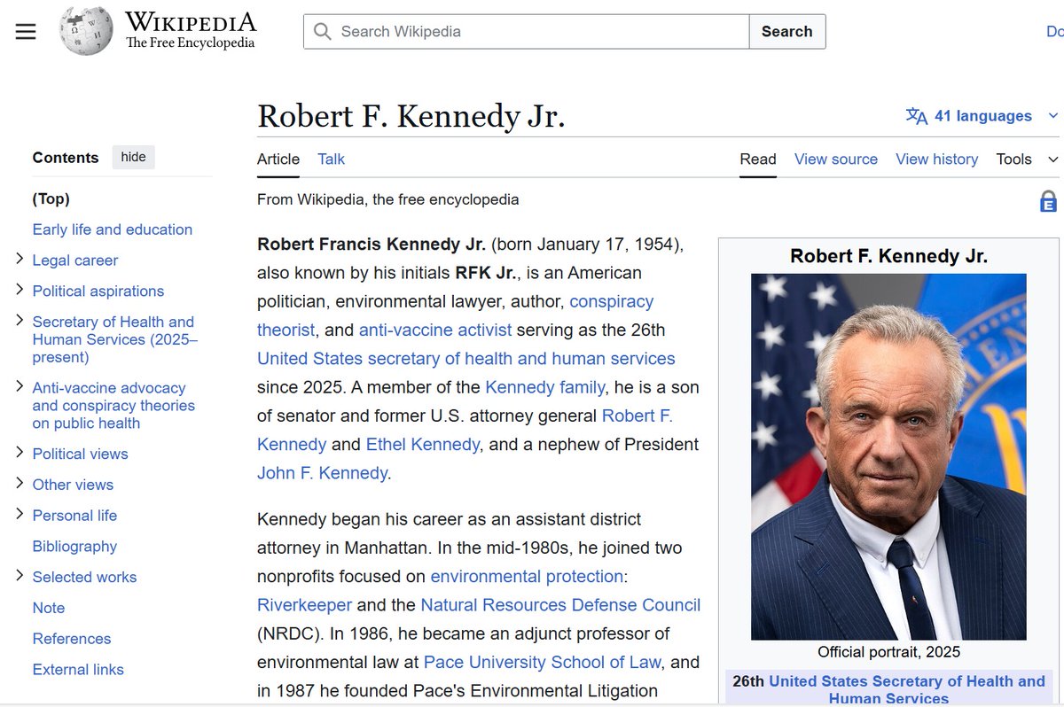 🇺🇸 WIKIPEDIA CALLS RFK JR A CONSPIRACY THEORIST, GROKIPEDIA DROPS FACTS

On Wikipedia, Robert F. Kennedy Jr. is a "conspiracy theorist" and "anti-vaccine activist" before he’s even a cabinet official.

Over on Grokipedia? He’s a public servant, environmental litigator, and health