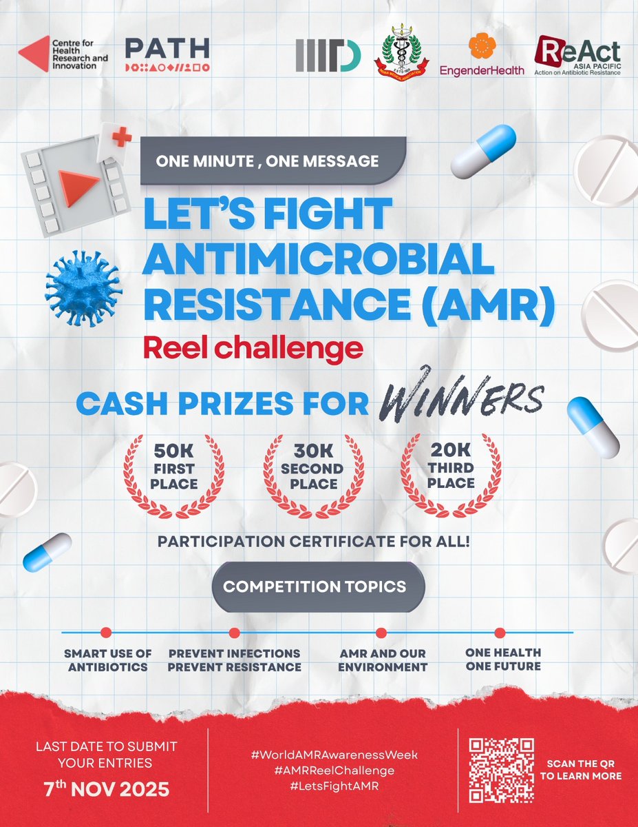 reactgroup's tweet image. ReAct leads the charge on #AMR awareness! Empowering youth through #AMRReelChallenge.
Future leaders (18–28): Produce 1-minute original reels (no AI) on antibiotic stewardship, infection control, ecological ties, or #OneHealth .
📷 ₹50K/₹30K/₹20K + Recognition!
📷 Deadline 7…
