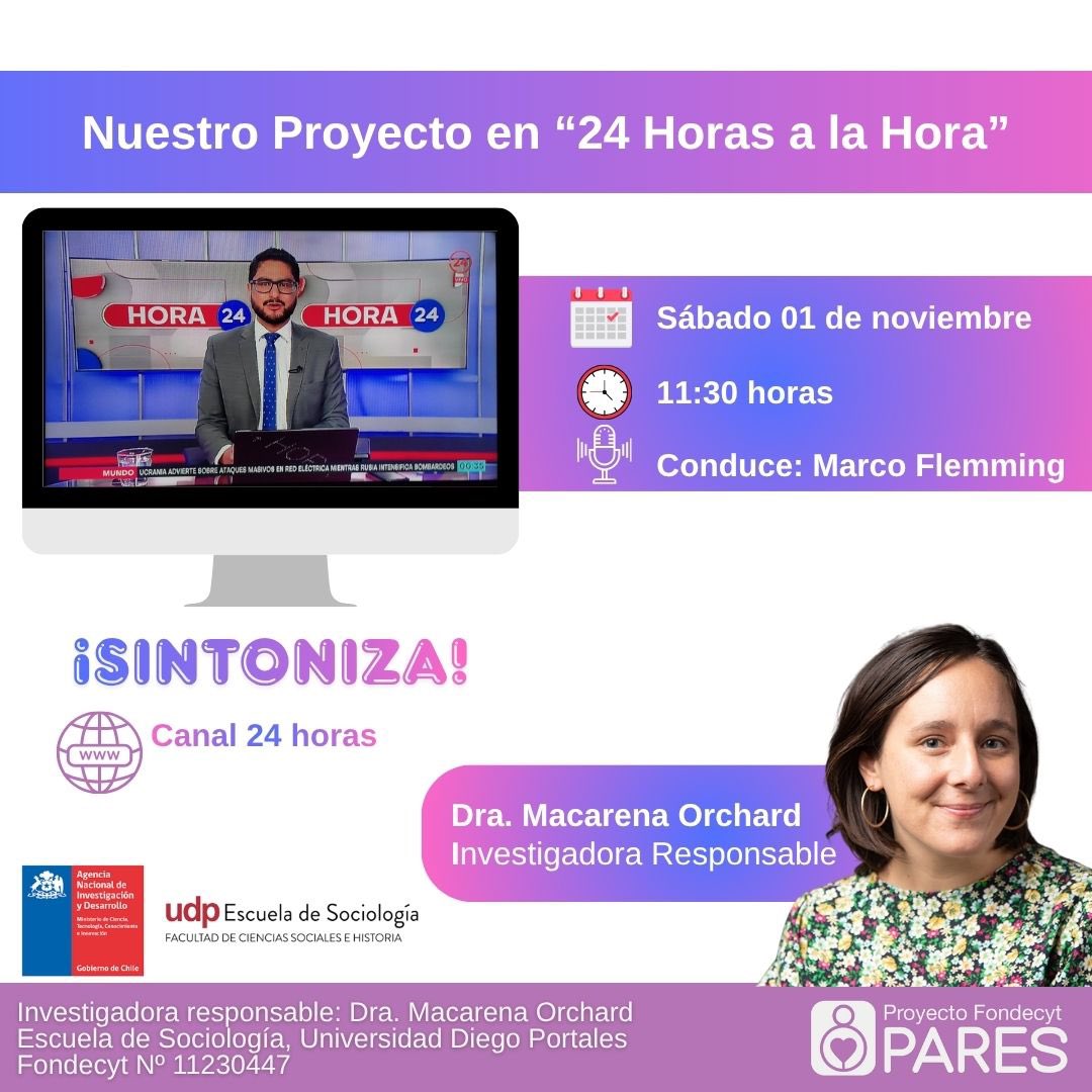 proyecto_pares's tweet photo. 🗓️ ¡Este sábado tenemos una entrevista en la TV! 📺

Nuestra investigadora responsable, Dra. Macarena Orchard, estará en el programa “24 Horas a la Hora” junto a Marco Flemming, para conversar sobre la Primera Encuesta Nacional de Experiencia de Parto🗣️ https://t.co/EV1vEuCFpc