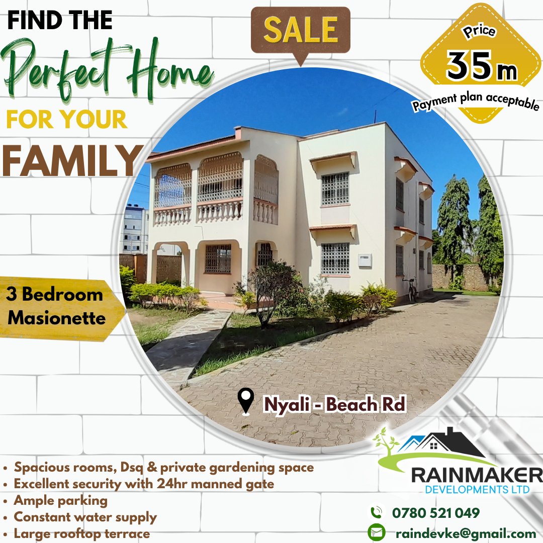 KeRainmaker's tweet image. Own a premium home in the heart of Nyali, just minutes from the beach!

 ✔️ Spacious 3 Bedroom + DSQ 
✔️ Private Garden 
✔️ Reliable Borehole Water Supply 
✔️ 24/7 Security for Peace of Mind 

Property Size: 50 x 100
Price: KES 35M

Call 0780521049 
raindevke@gmail.com