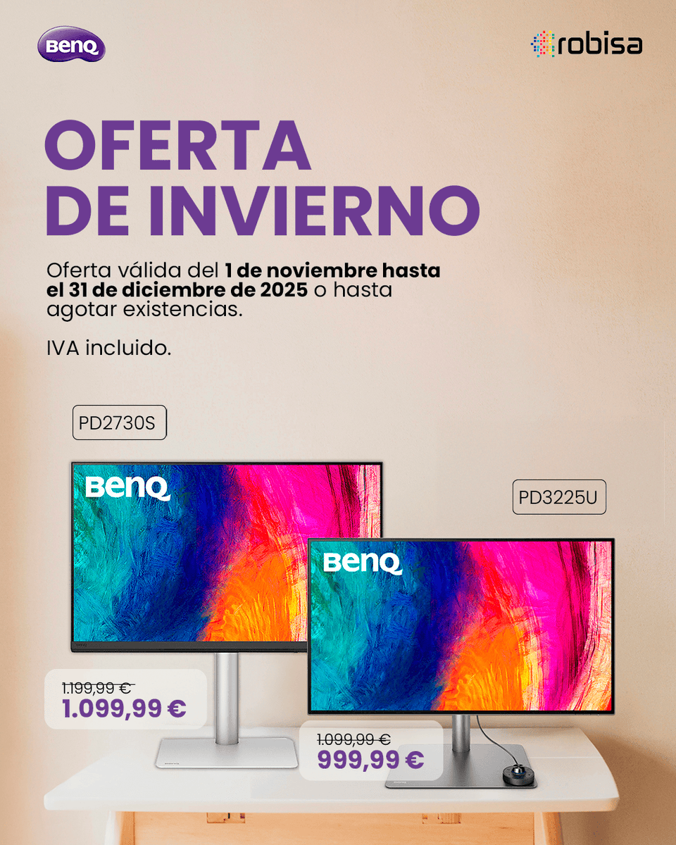 ❄️ ¡Oferta de Invierno BenQ! ❄️
Del 1/11 al 31/12, 100€ de descuento en:
🖥️ PD2730S – 27", QHD, 100% sRGB
🖥️ PD3225U – 32", 4K UHD, HDR10 &amp; USB-C
Creatividad y productividad al máximo. 🔥
más información: robisa.es/oferta-inviern… <a href="/BenQ_Spain/">BenQ Ibérica</a> 

#BenQ #OfertaDeInvierno
