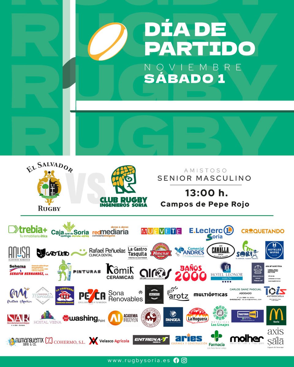 🏉 El Ingenieros de Soria vuelve este sábado a Pepe Rojo para medirse en un amistoso al C.R. El Salvador Emerging <a href="/Chami_Rugby/">Club de Rugby El Salvador🏉</a> , líder de la liga castellano-leonesa.
📅 Sábado 1 noviembre
📍 Valladolid (Campo 4, Pepe Rojo)
🕐 13:00 h
 Más info: rugbysoria.es/el-senior-masc…