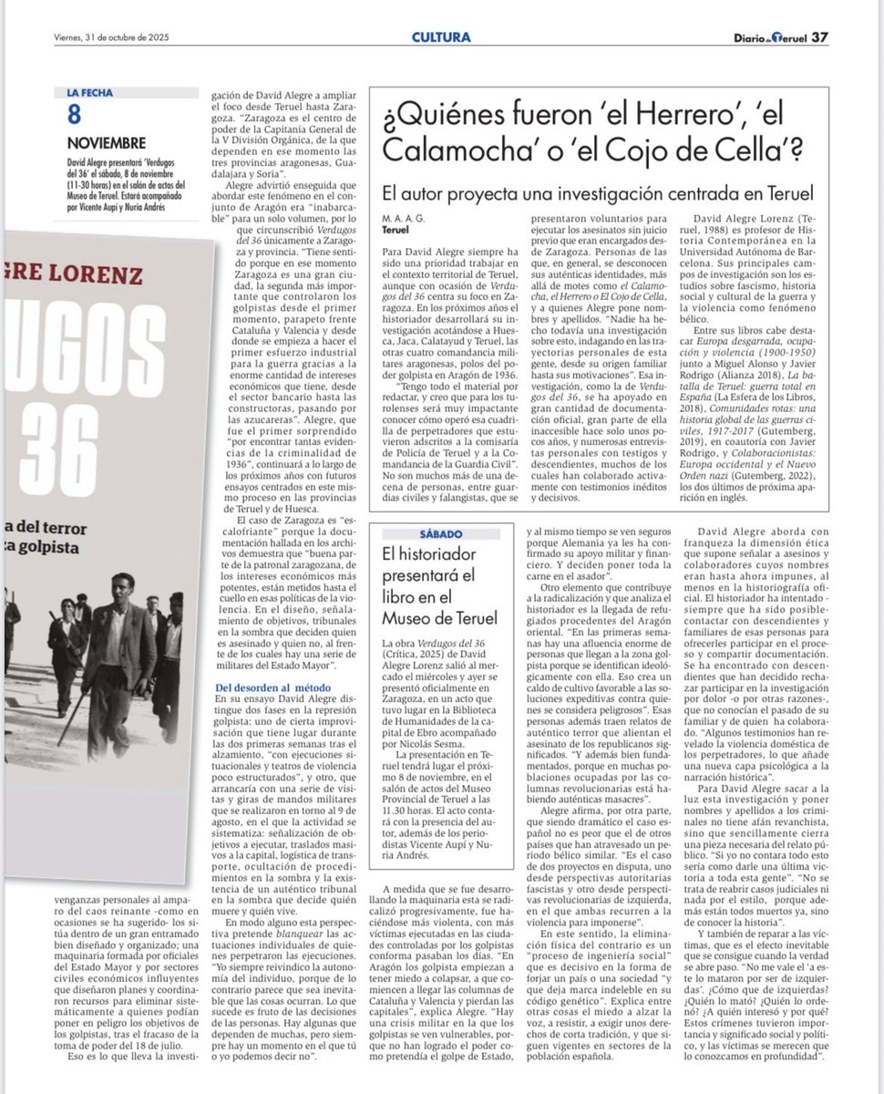Miguel Ángel Artigas, del Diario de Teruel, se ha marcado un reportaje espectacular sobre la investigación que ha hecho posible ‘Verdugos del 36’ (<a href="/Ed_Critica/">Editorial Crítica</a>).