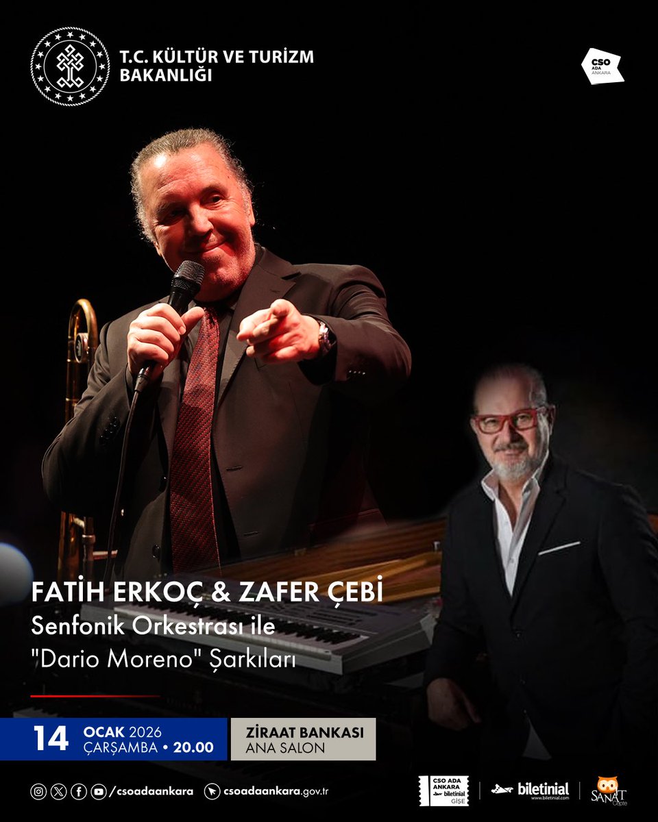 Usta sanatçı Fatih Erkoç, Dario Moreno’nun efsanevi şarkılarını seslendirecek! 🎤✨

Bu özel gecede, Zafer Çebi Senfonik Orkestrası’da Zafer Çebi’nin muhteşem senfonik aranjmanlarıyla Fatih Erkoç’a eşlik edecek.

🗓️ 14 Ocak Çarşamba 
📍 Ziraat Bankası Ana Salon
⏰ 20.00