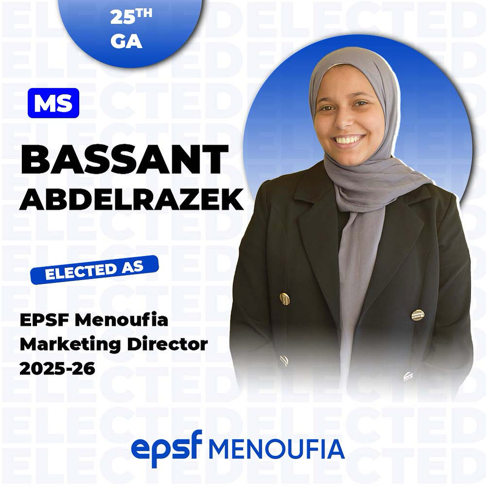 We are thrilled to announce that 𝗠𝘀. 𝗕𝗮𝘀𝘀𝗮𝗻𝘁 𝗔𝗯𝗱𝗲𝗹𝗿𝗮𝘇𝗲𝗸  has been elected as 𝗘𝗣𝗦𝗙-𝗠𝗲𝗻𝗼𝘂𝗳𝗶𝗮 𝗠𝗮𝗿𝗸𝗲𝘁𝗶𝗻𝗴 𝗗𝗶𝗿𝗲𝗰𝘁𝗼𝗿  2025-26.❤️

𝐂𝐨𝐧𝐠𝐫𝐚𝐭𝐮𝐥𝐚𝐭𝐢𝐨𝐧𝐬.✨

#25th_GA
#EPSF_Menoufia