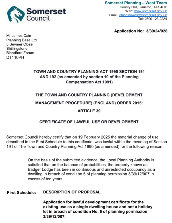 PlanningBase's tweet image. @planningbase obtains #lawfuldevelopmentcertificate for dwelling at holiday park in #Watchet #Somerset. The dwelling had been used as an open market dwelling for more than 10 years and we provided robust evidence and advice to our client #CLEUD #CLUED #somersetplanning #badger