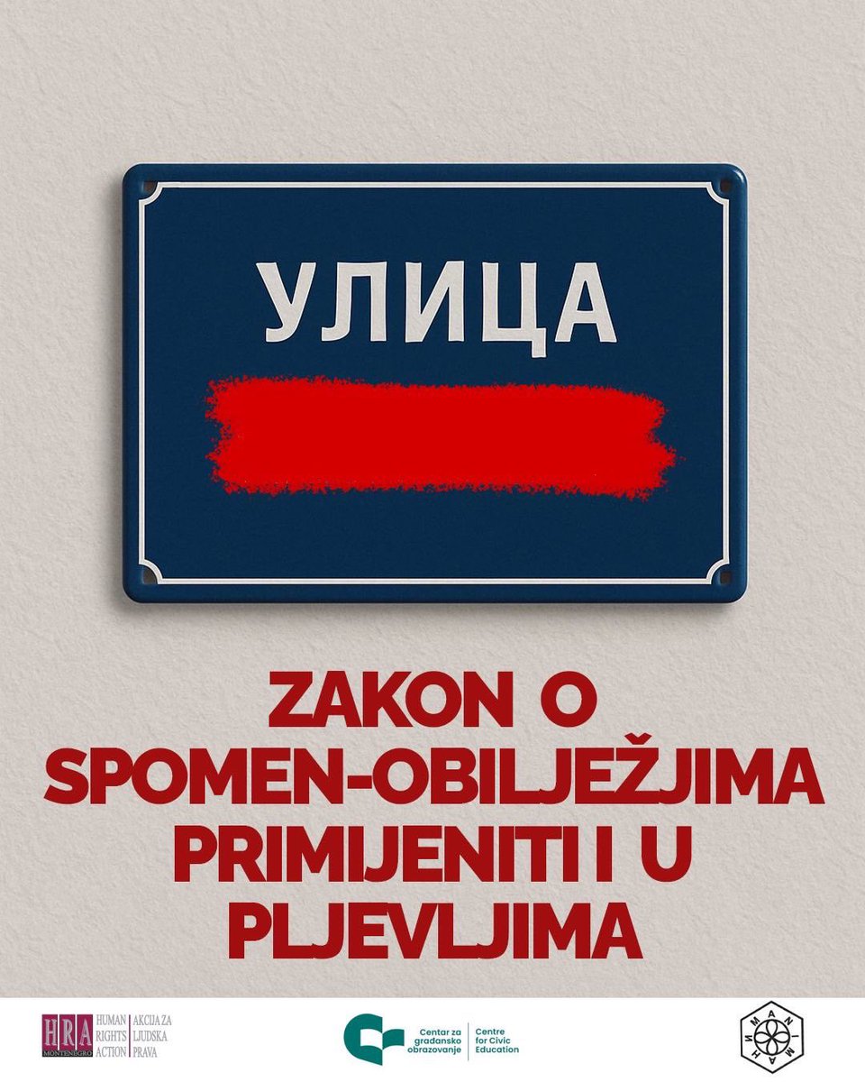 CGOCCE's tweet image. 📌 Zakon o spomen-obilježjima primijeniti i u Pljevljima

#HRA, #CGO i #ANIMA zatražili su od @resorkulture da reaguje na odluke lokalne vlasti u Pljevljima koje su, bez saglasnosti Ministarstva, ulice nazvale po vojnicima JNA (Branko Krvavac, Vukoman Tešić, Đurko Bojović, Eldin…