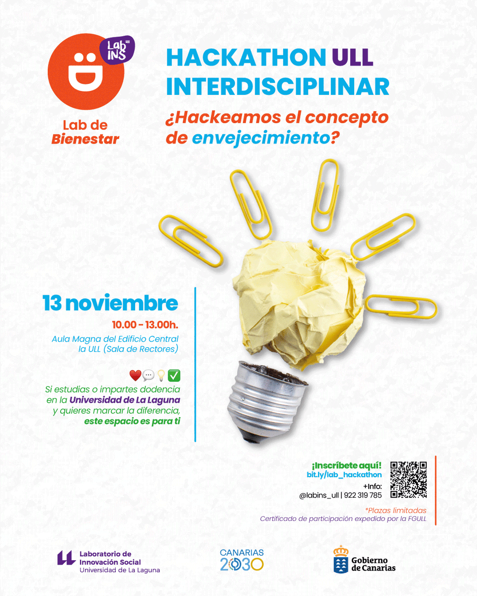 LabINS_ULL's tweet image. 📢Alumnado y profesorado @ULL:

💡🌱🎨Ya pueden inscribirse en el #Hackathon Interdisciplinar: ¿Hackeamos el #envejecimiento?

📅Jueves 13/11/25
🕐10:00-13:00h.
📍Sala de rectores (ULL)
Plazas limitadas.

Inscripción➡️bit.ly/lab_hackathon

@fg_ull  @canarias2030