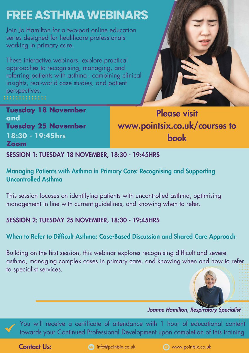 #HCPs need support or a refresh on managing uncontrolled #asthma in #primarycare? Our educational partner <a href="/Pointsixt/">PointSixTraining</a> are running two webinars as below, book now for FREE at pointsix.co.uk/courses