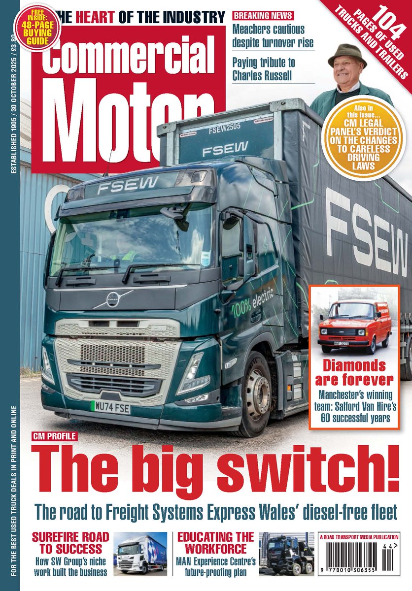 Comm_Motor's tweet image. ‼️OUT NOW: Commercial Motor 30 October 2025‼️

► The big switch! The road to Freight Systems Express Wales’ diesel-free fleet

► Surefire road to success – How SW Group’s niche work built the business

► To subscribe 👉 bit.ly/3UW1Tzc 

#CommercialMotor #Subscribe