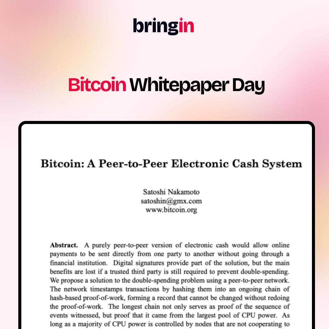 9 pages. That's all it took to fix money.

17 years ago, Satoshi Nakamoto published the Bitcoin Whitepaper, a peer-to-peer electronic cash that no one controls.

Today, builders around the world are turning those 9 pages into daily reality. 

Here are some of them bringing