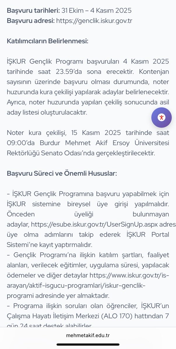 İŞKUR GENÇLİK PROGRAMI BAŞVURULARI BAŞLADI.
31 Ekim- 04 Kasım 2025
gençlik.iskur.gov.tr