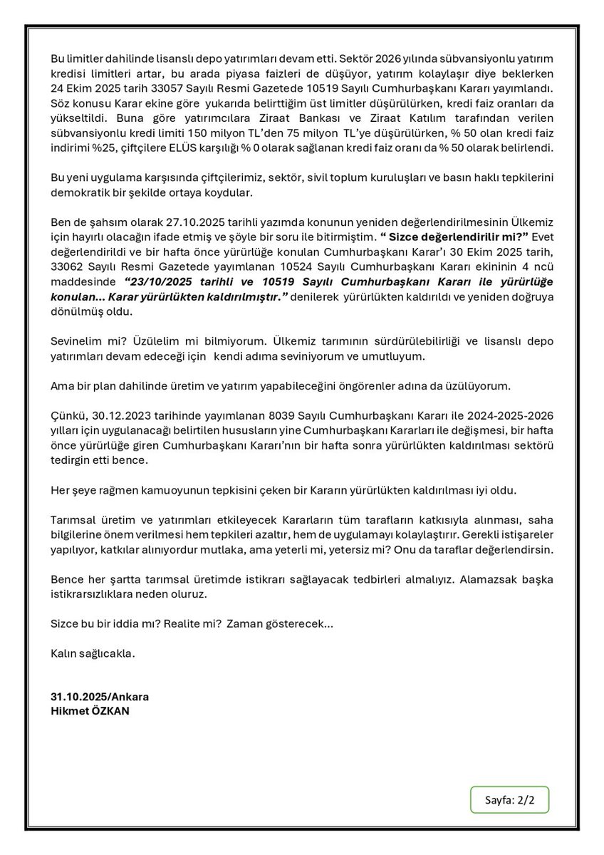 TARIMSAL ÜRETİMDE ve DESTEKLERDE İSTİKRAR ŞART! konulu makalem
tokay.com.tr/hikmet-ozkan-t…